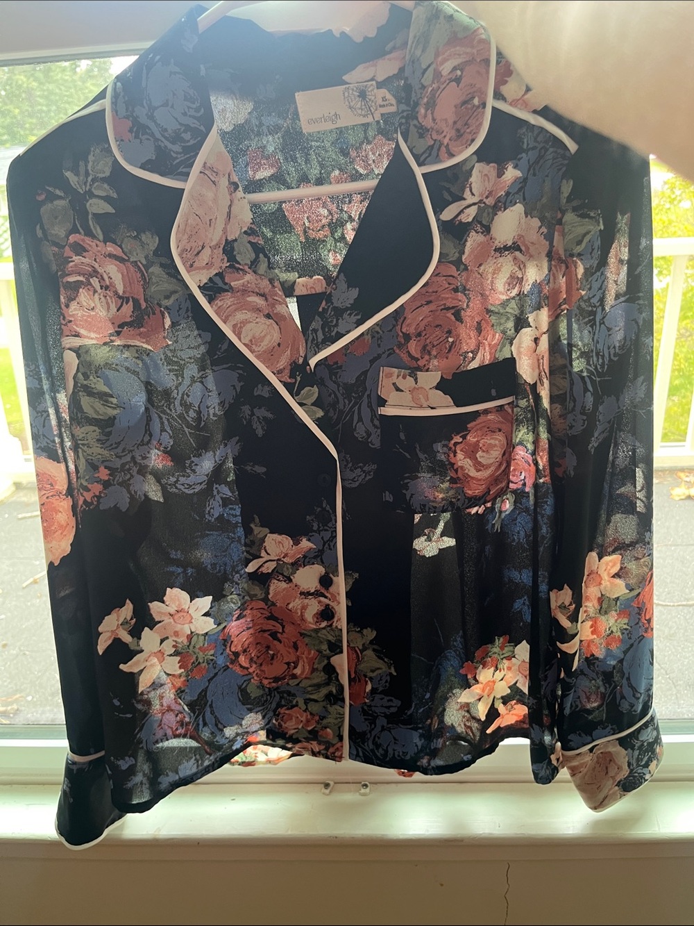 everleigh Black Floral Satin Button-Down Shirt with Pink Trim